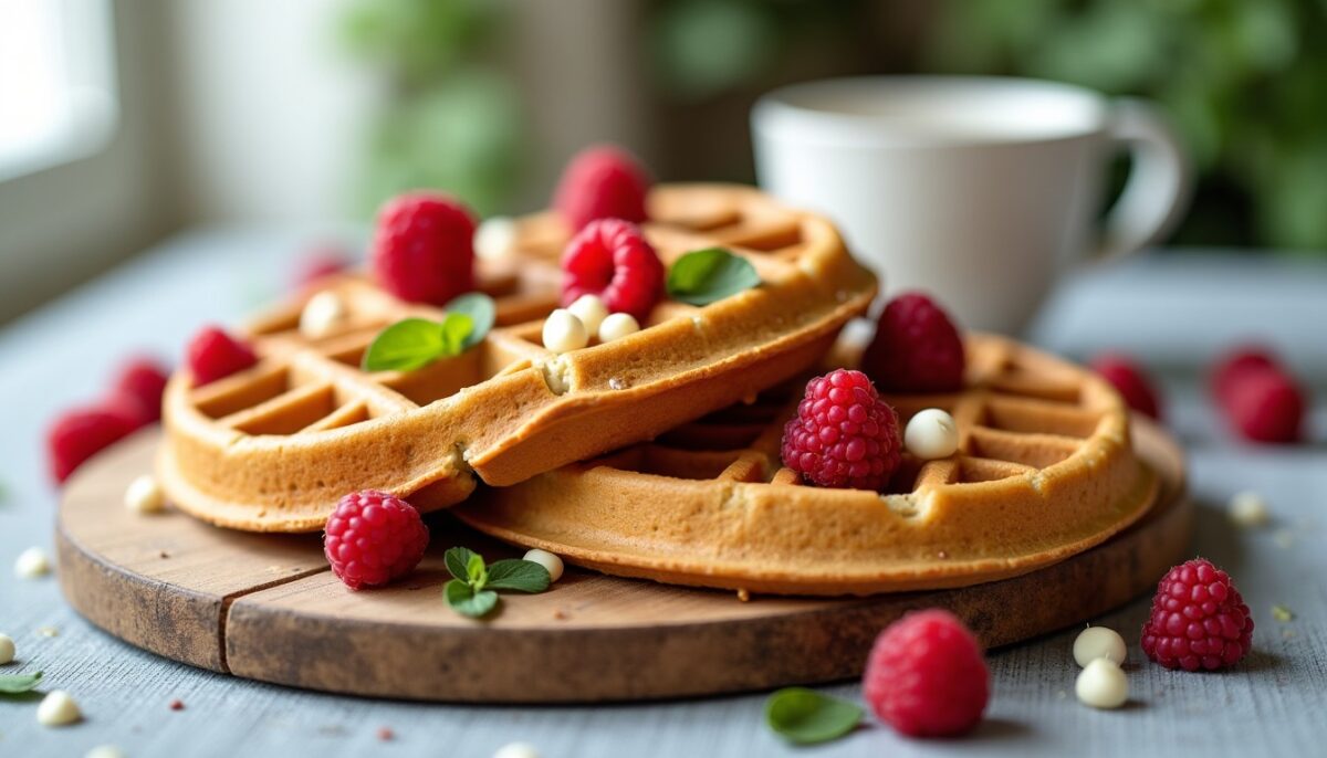 Délicieuses gaufres aux éclats de chocolat blanc, framboises fraîches et basilic : une recette simple et gourmande